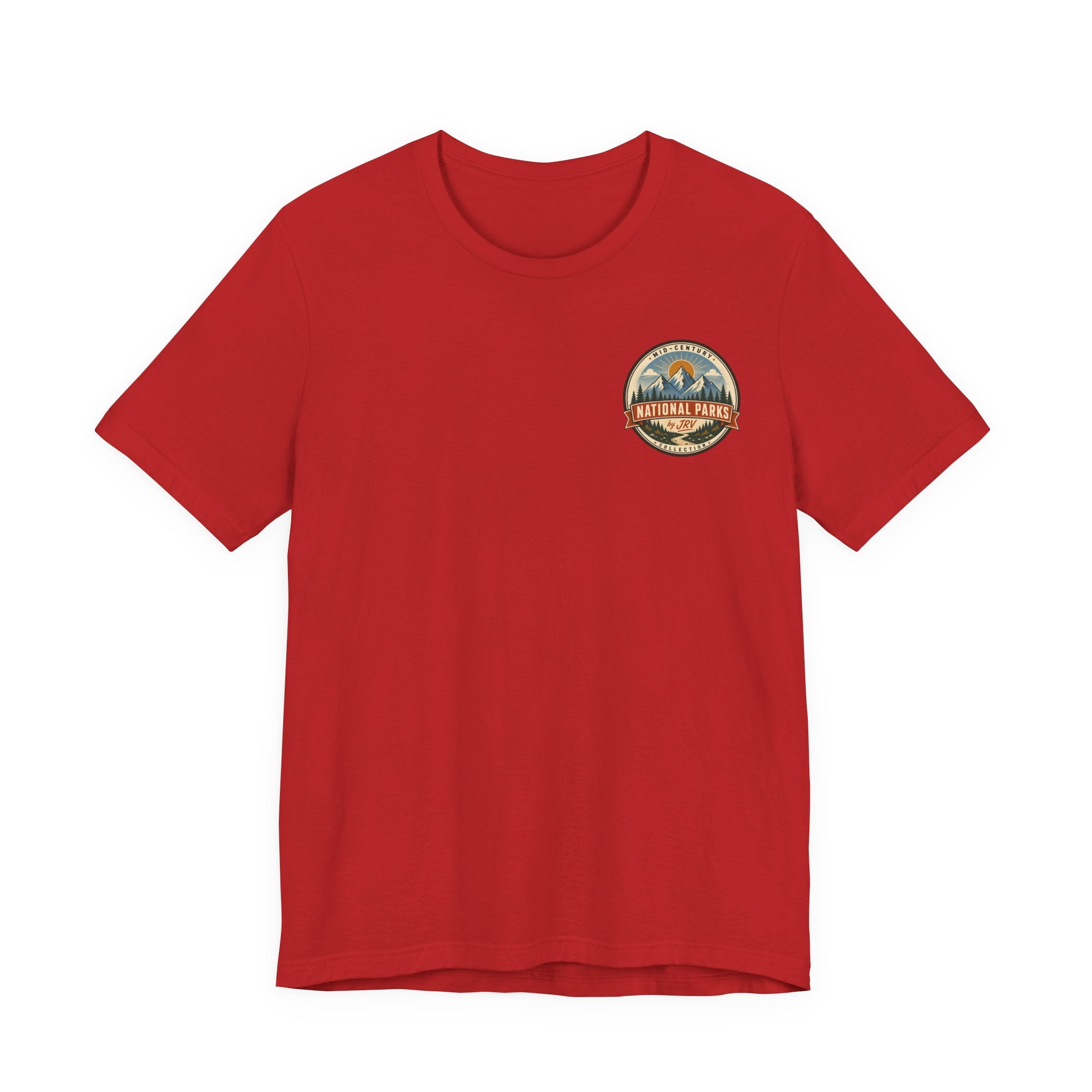 Red T-shirt with small circular Yellowstone national park style logo on chest
