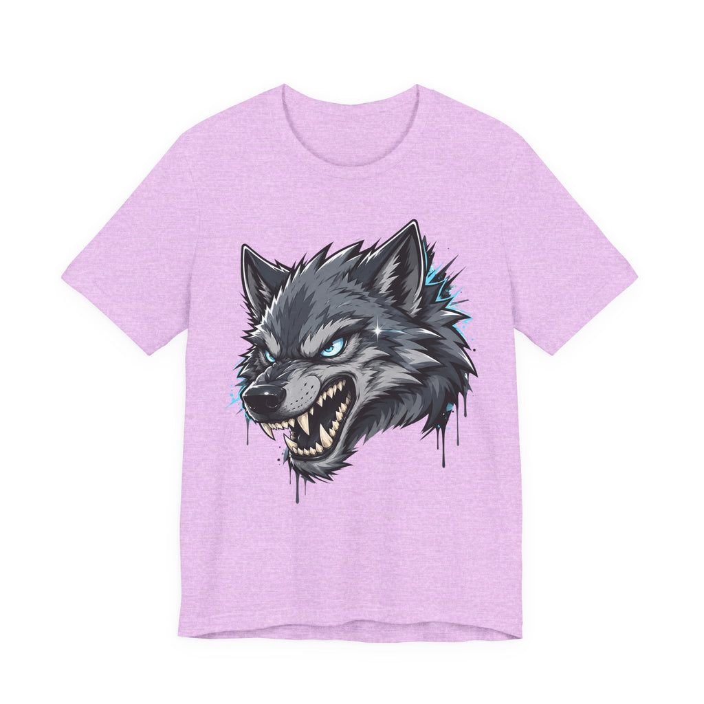 Lavender wolf head graphic t-shirt with snarling wolf face and teal accents