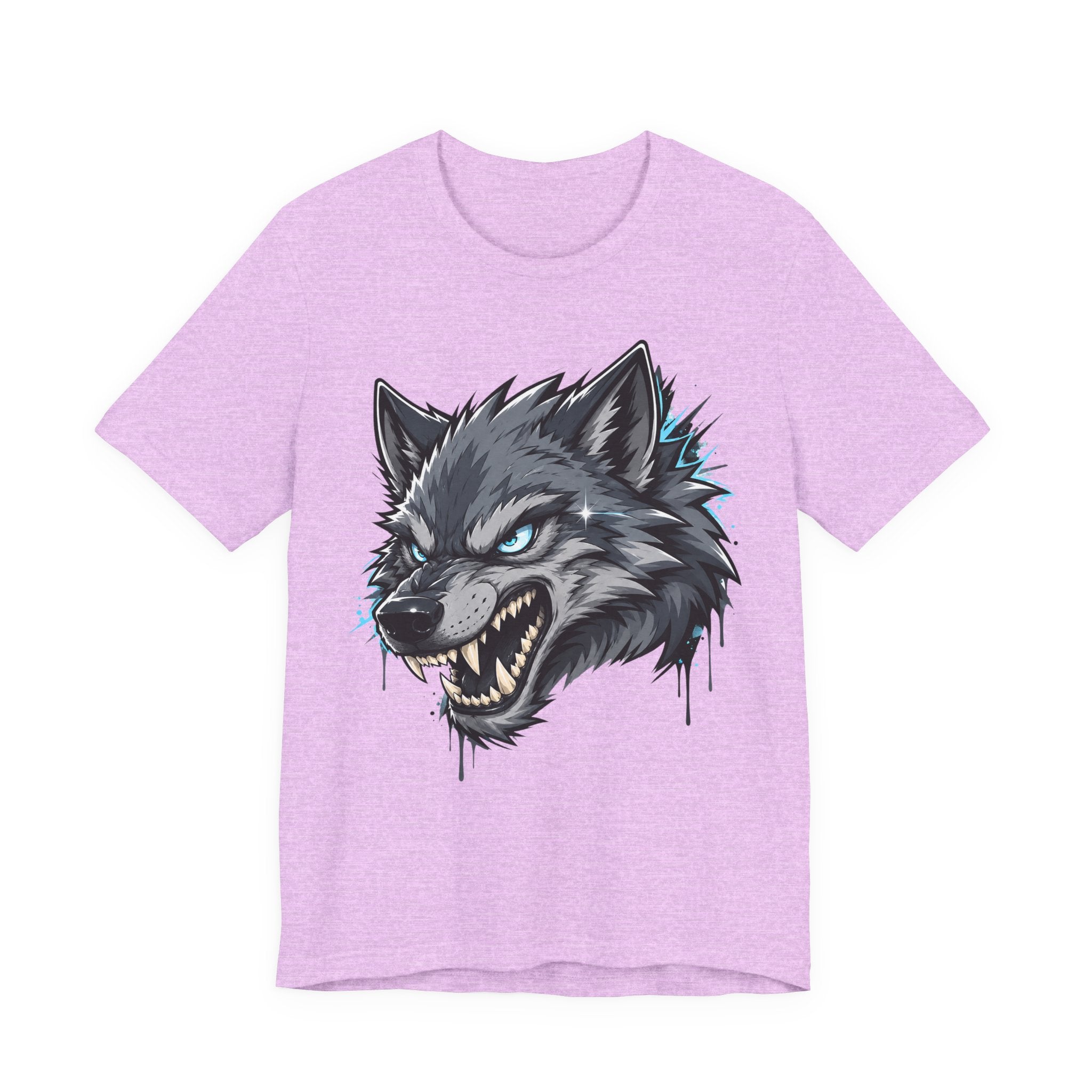 Lavender wolf head graphic t-shirt with snarling wolf face and teal accents
