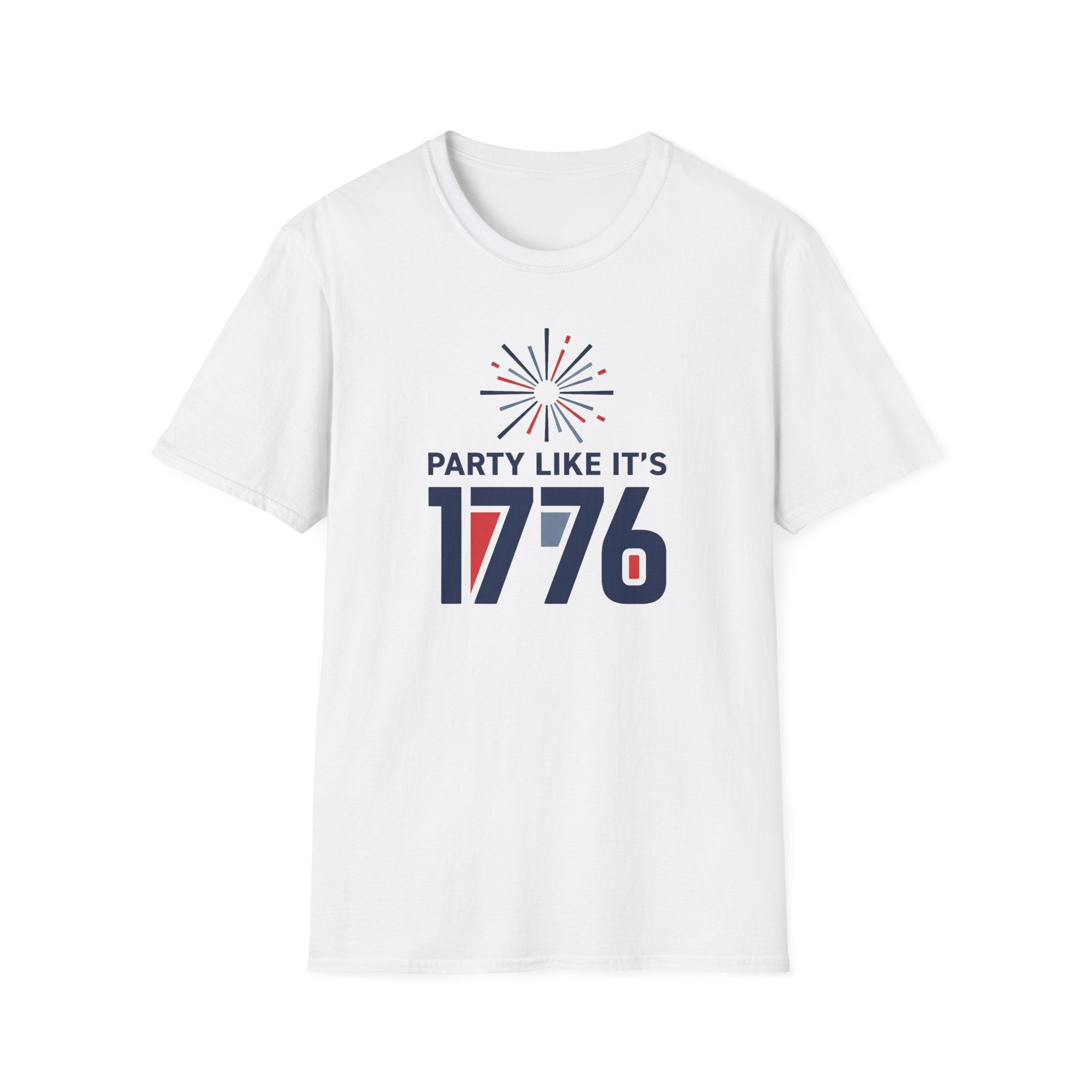 White T-shirt front with fireworks graphic and text “PARTY LIKE IT’S 1776”
