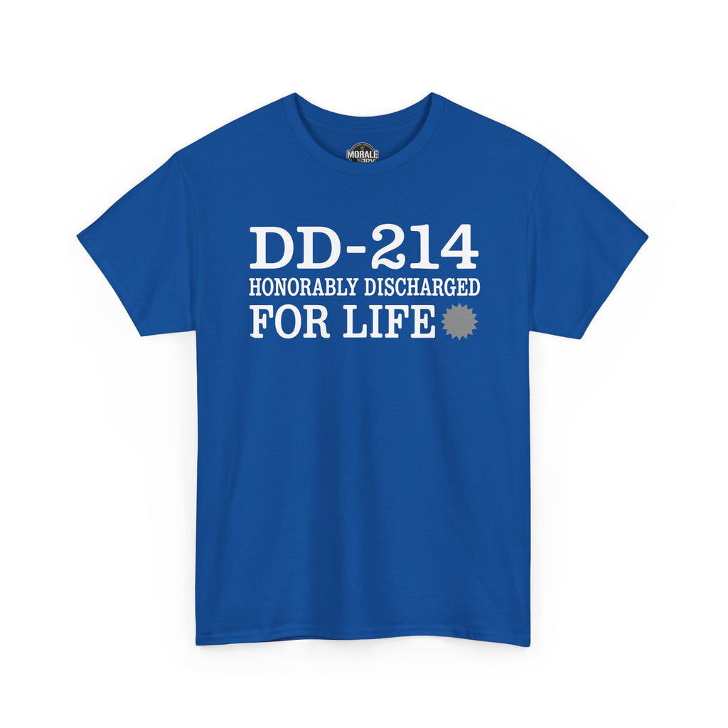 Royal blue T-shirt with DD-214 HONORABLY DISCHARGED FOR LIFE graphic on front