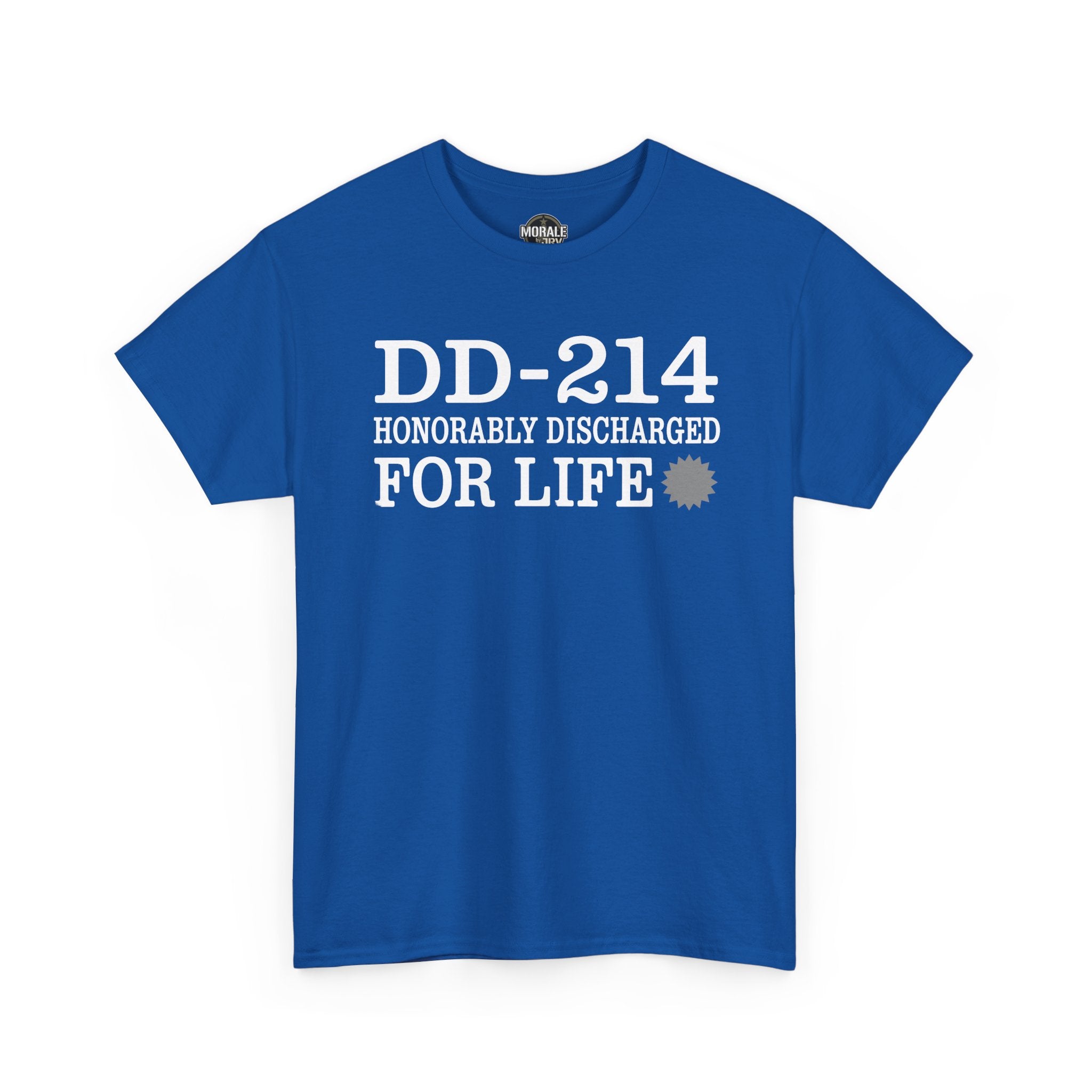 Royal blue T-shirt with DD-214 HONORABLY DISCHARGED FOR LIFE graphic on front