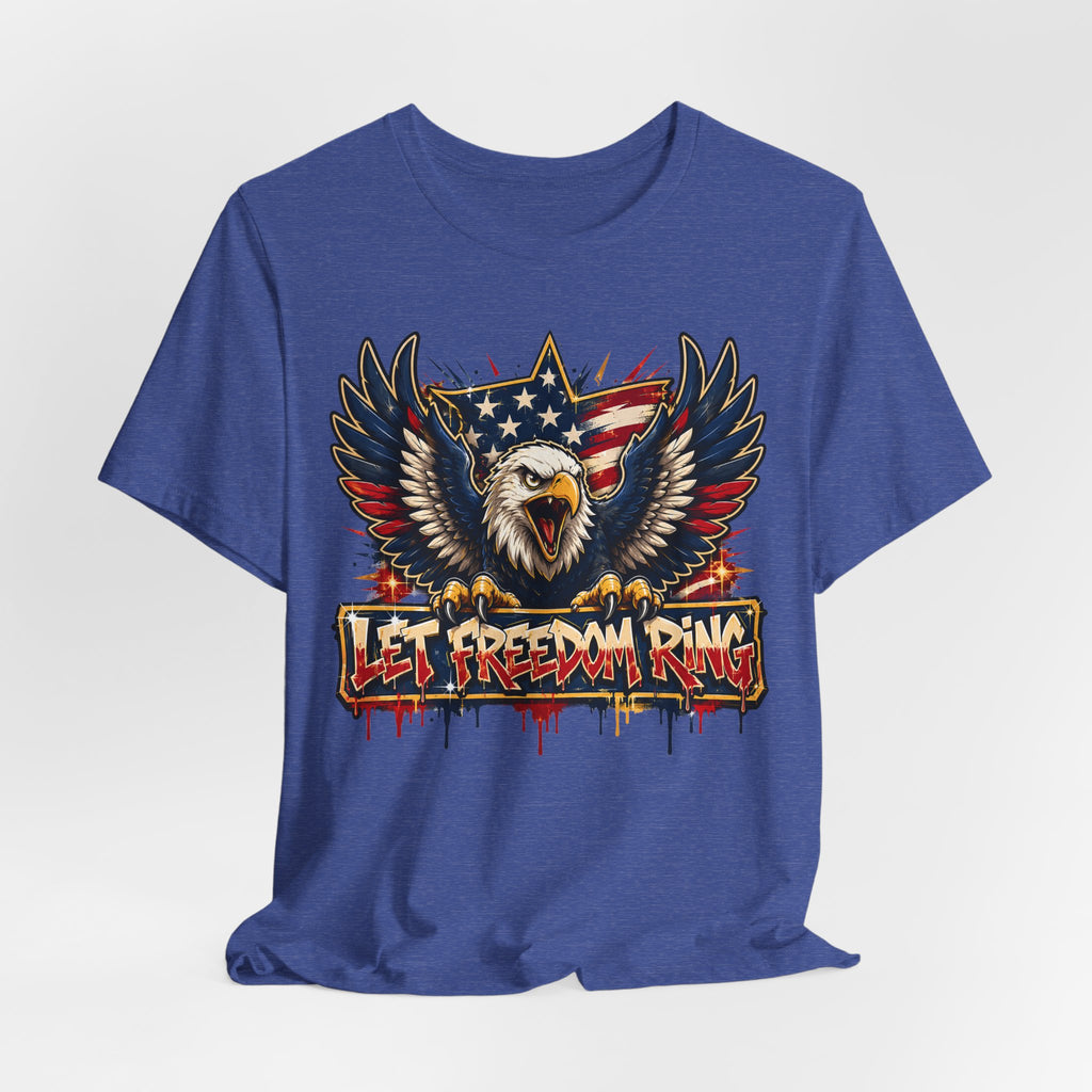 Blue graphic T-shirt with bald eagle wings, stars and red-white stripes banner