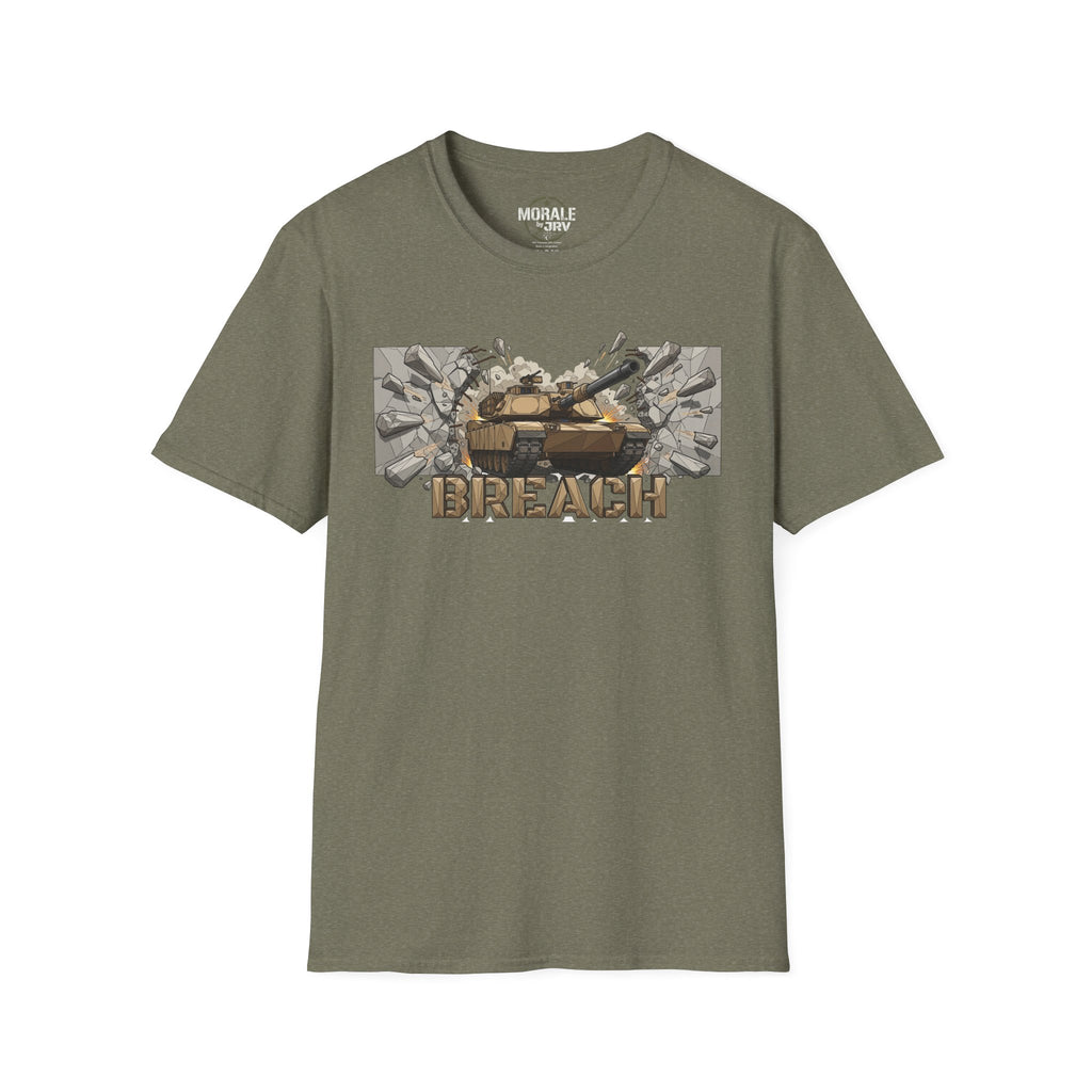 Heather military green T-shirt with BREACH tactical tank burst artwork