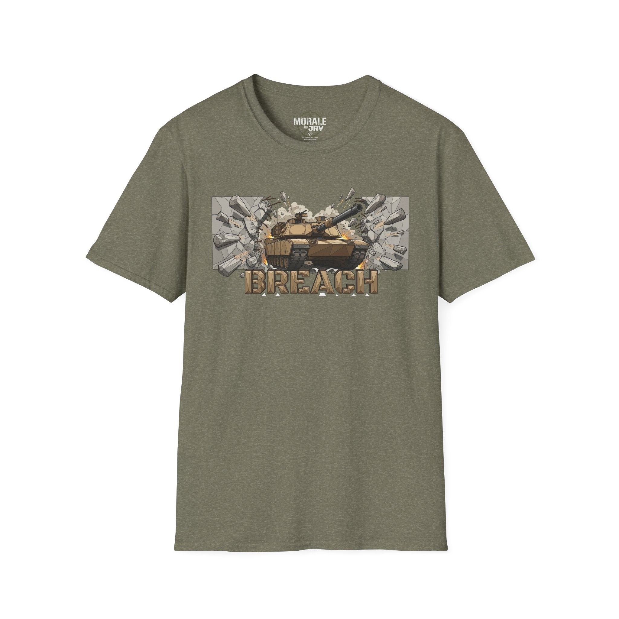 Heather military green T-shirt with BREACH tactical tank burst artwork