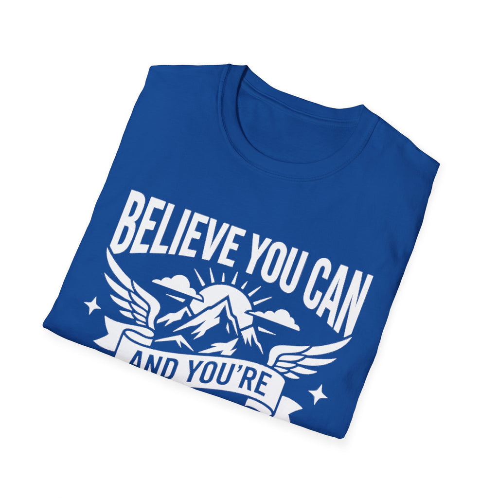 Royal blue Believe You Can graphic T-shirt with mountain, wings, and stars in white