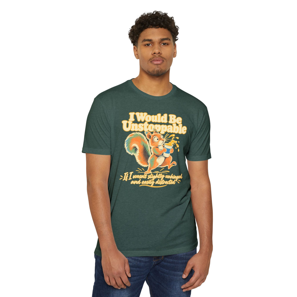 Teal-green T-shirt with colorful squirrel graphic and 'Unstoppable' quote