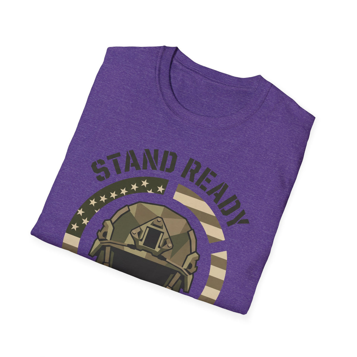 Purple crew-neck T-shirt with circular helmet graphic and "STAND READY" text