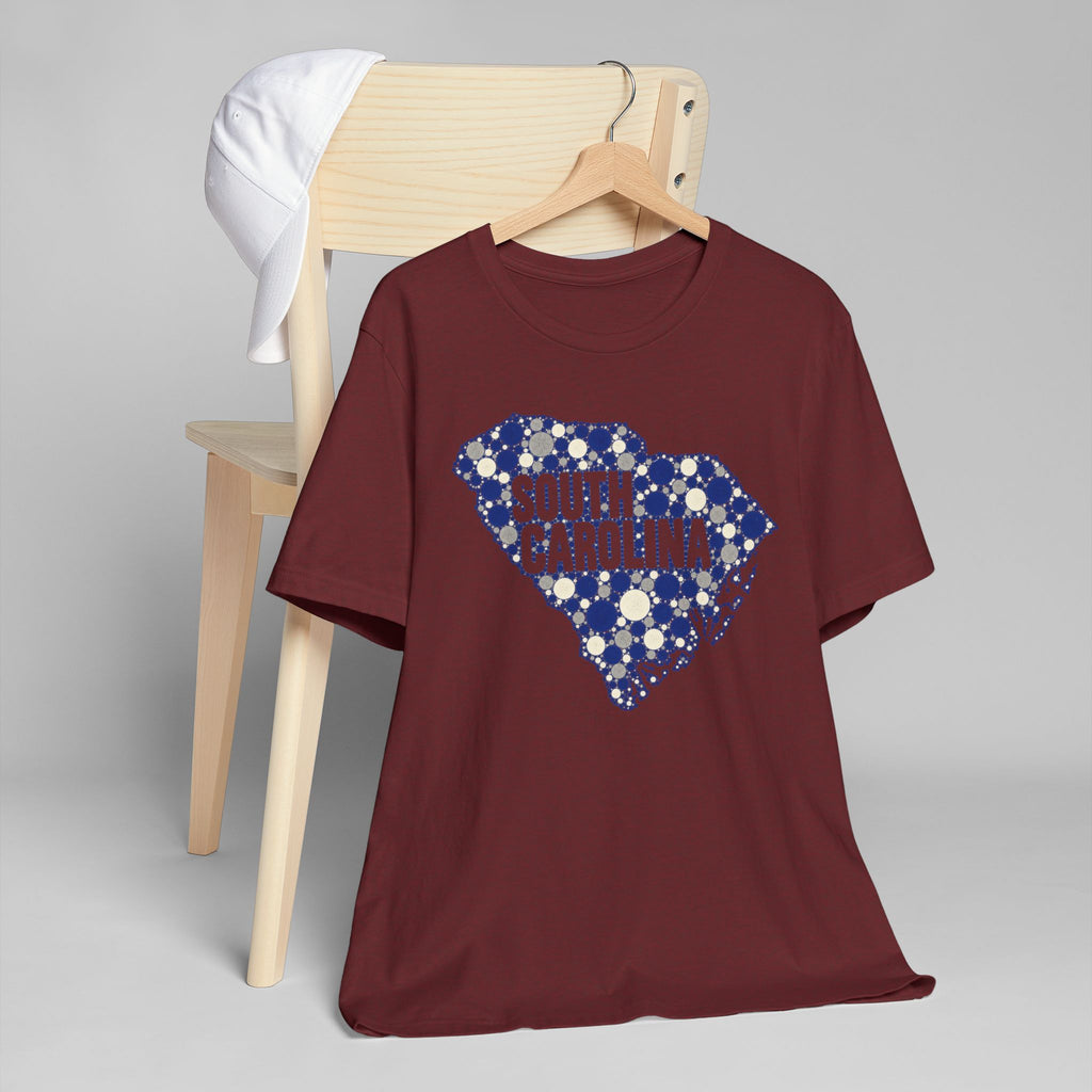 Maroon T-shirt with blue South Carolina heart graphic