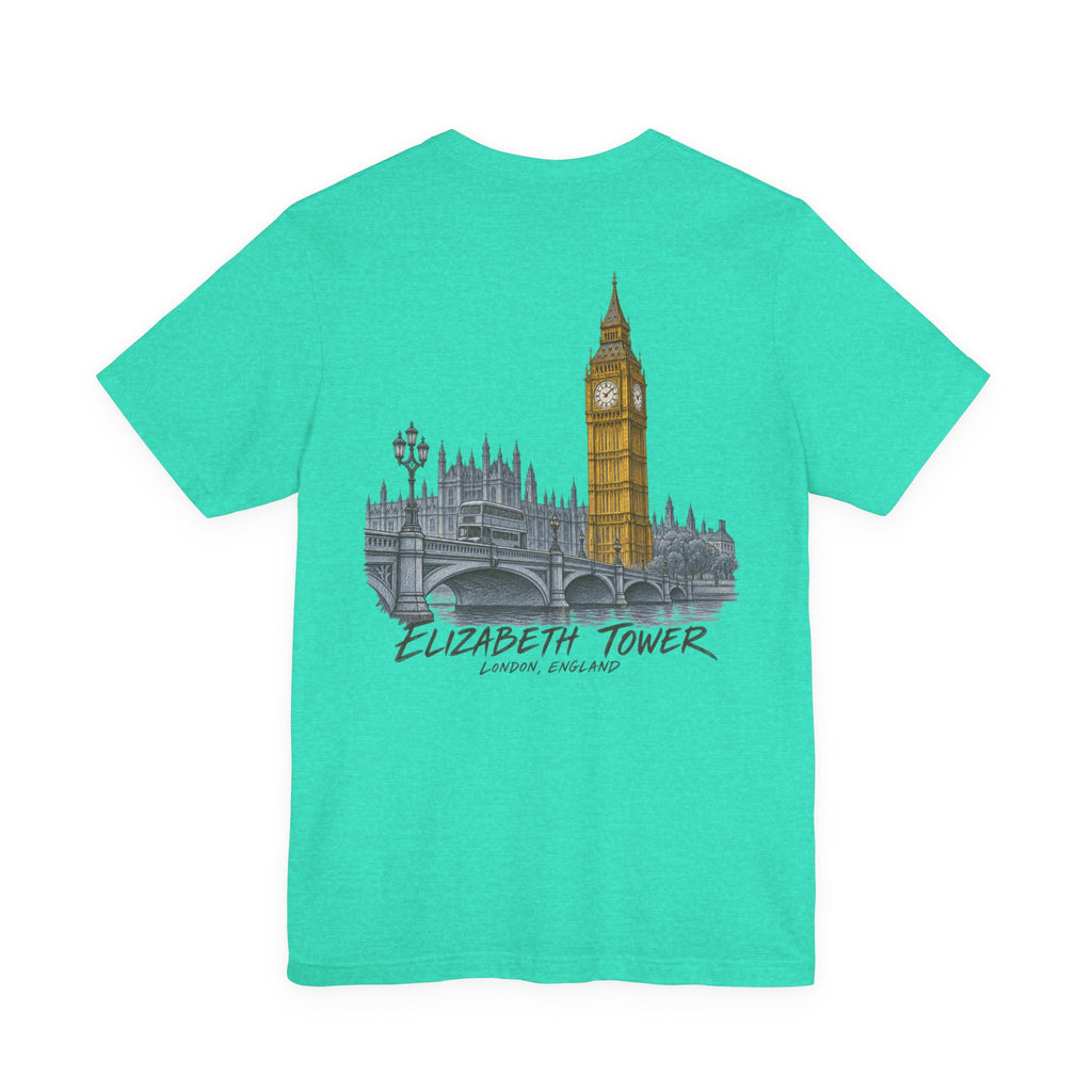 Turquoise T-shirt with large Elizabeth Tower illustration and vintage-style text graphic