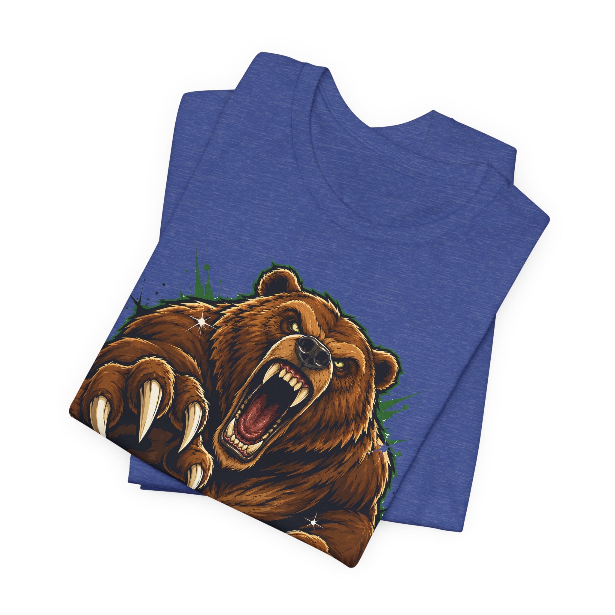 Blue unisex crew-neck T-shirt with roaring brown bear graphic.