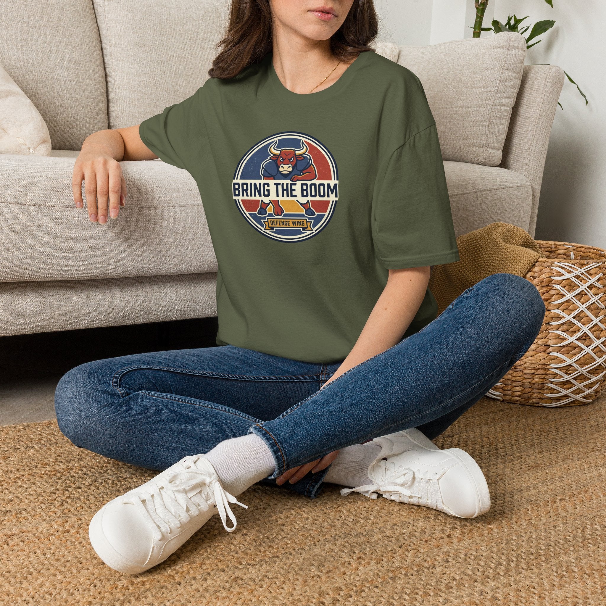 Bull mascot t-shirt, military green, round neck, front graphic