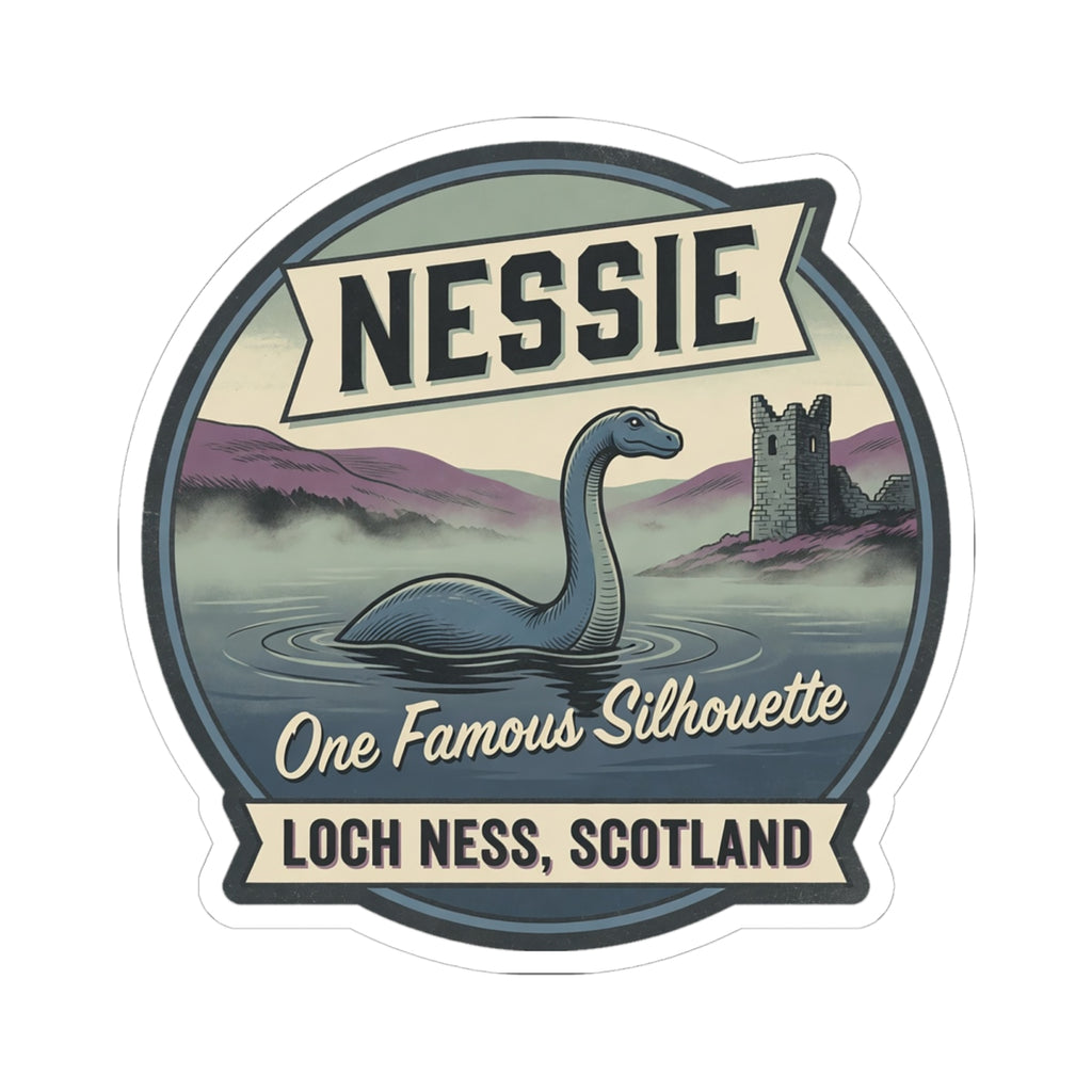 Nessie sticker badge featuring Nessie, a castle backdrop, and vintage “Loch Ness, Scotland” text