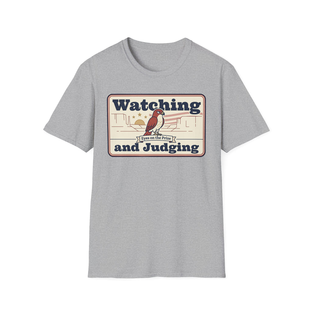 Light gray T-shirt with vintage bird graphic and Watching and Judging print