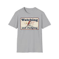 Light gray T-shirt with vintage bird graphic and Watching and Judging print