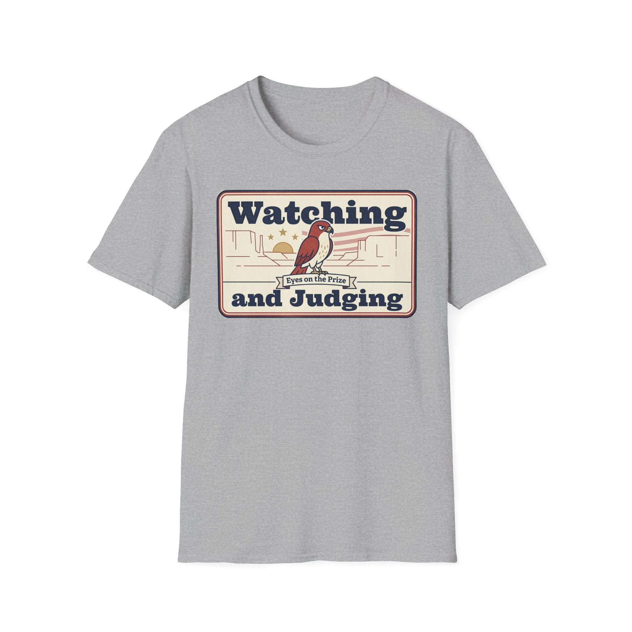 Light gray T-shirt with vintage bird graphic and Watching and Judging print