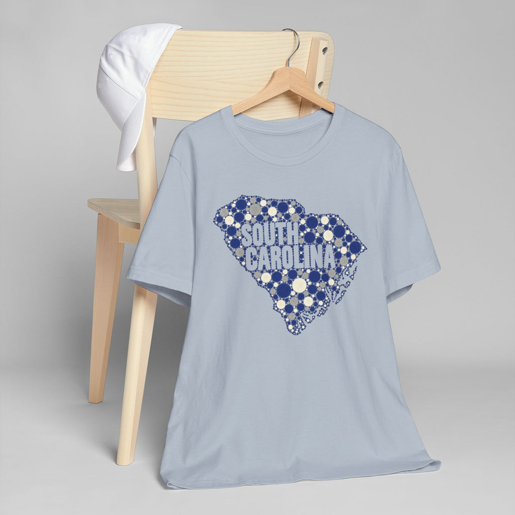 Light blue T-shirt with blue dotted South Carolina outline and “South Carolina” text