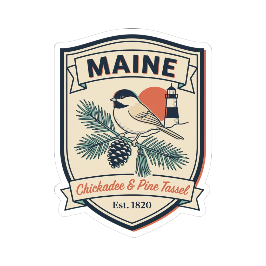 Maine bird and lighthouse badge sticker with “Chickadee & Pine Tassel” text