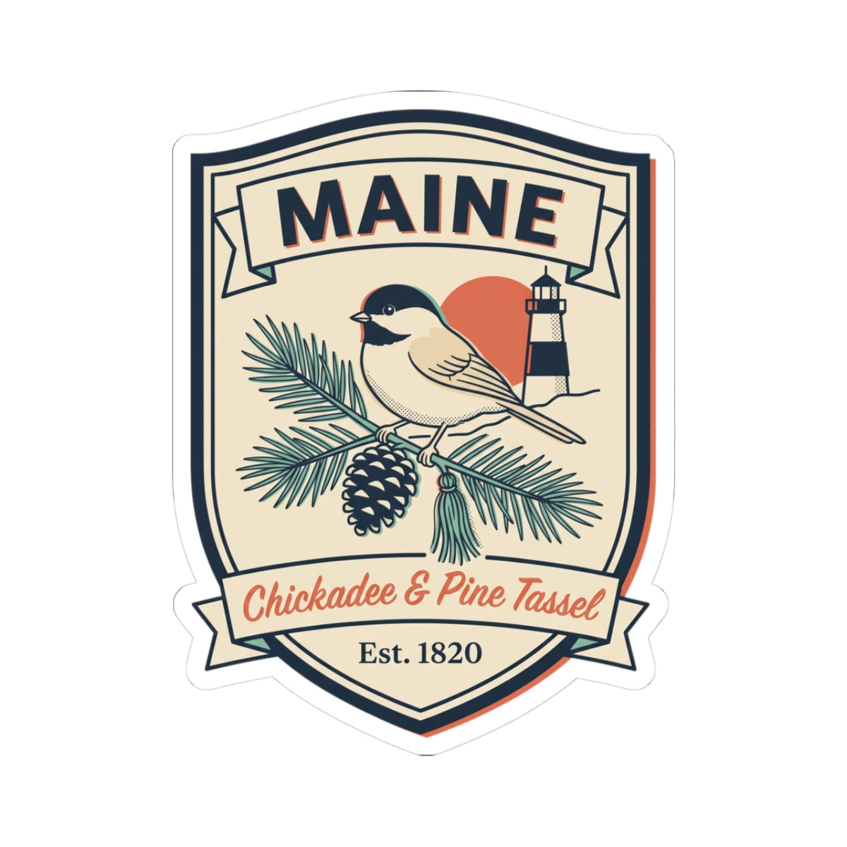 Maine bird and lighthouse badge sticker with “Chickadee & Pine Tassel” text