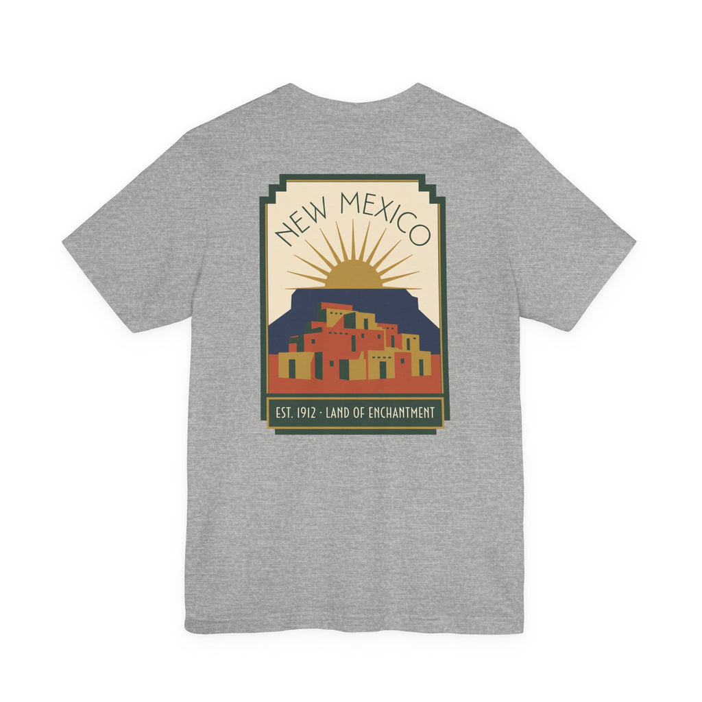 Heather gray T-shirt with New Mexico sunset Pueblo art graphic in a square frame