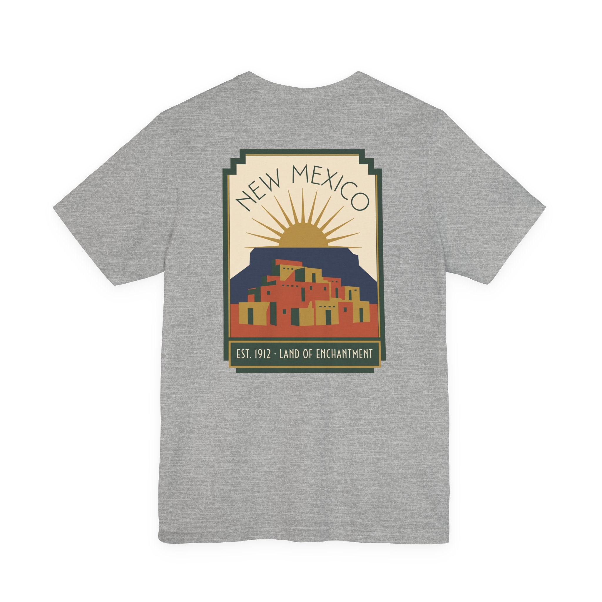 Heather gray T-shirt with New Mexico sunset Pueblo art graphic in a square frame