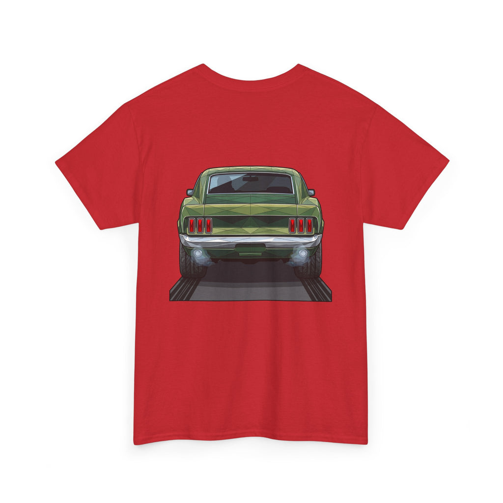 Red T-shirt with vintage green muscle car grille and bumper graphic