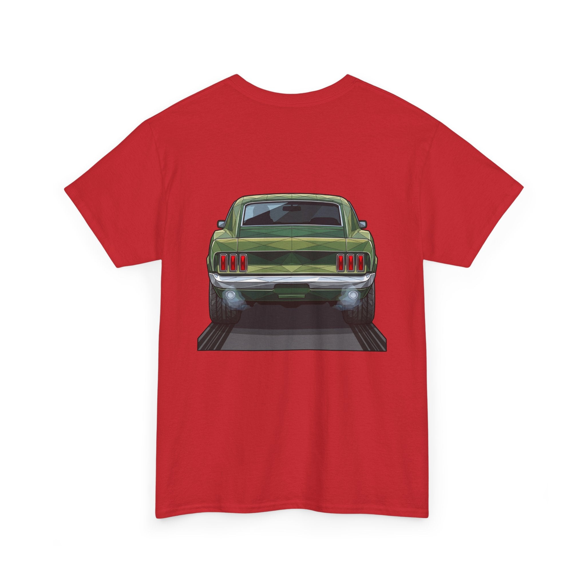 Red T-shirt with vintage green muscle car grille and bumper graphic