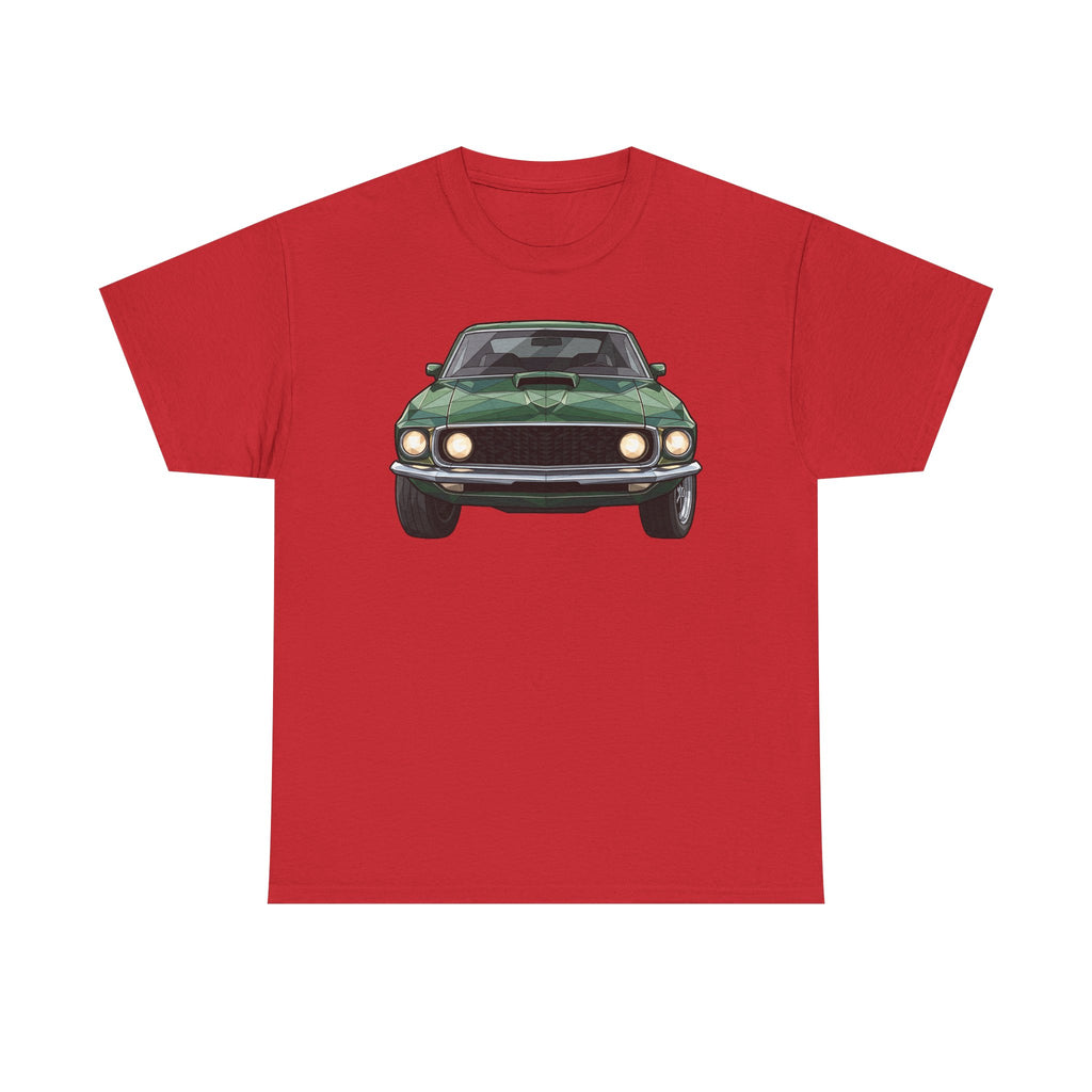 Red crew-neck T-shirt with vintage green muscle car front graphic