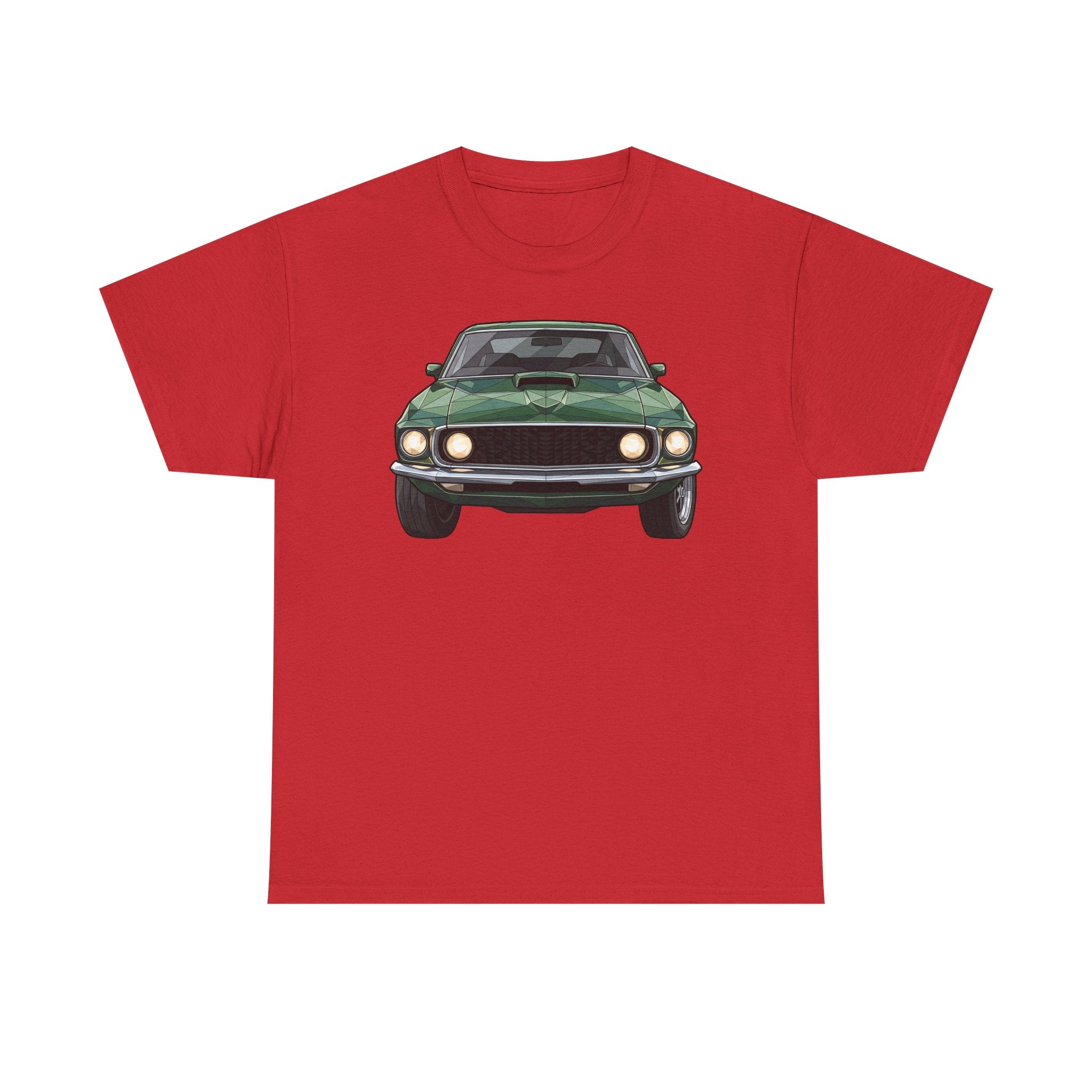 Red crew-neck T-shirt with vintage green muscle car front graphic
