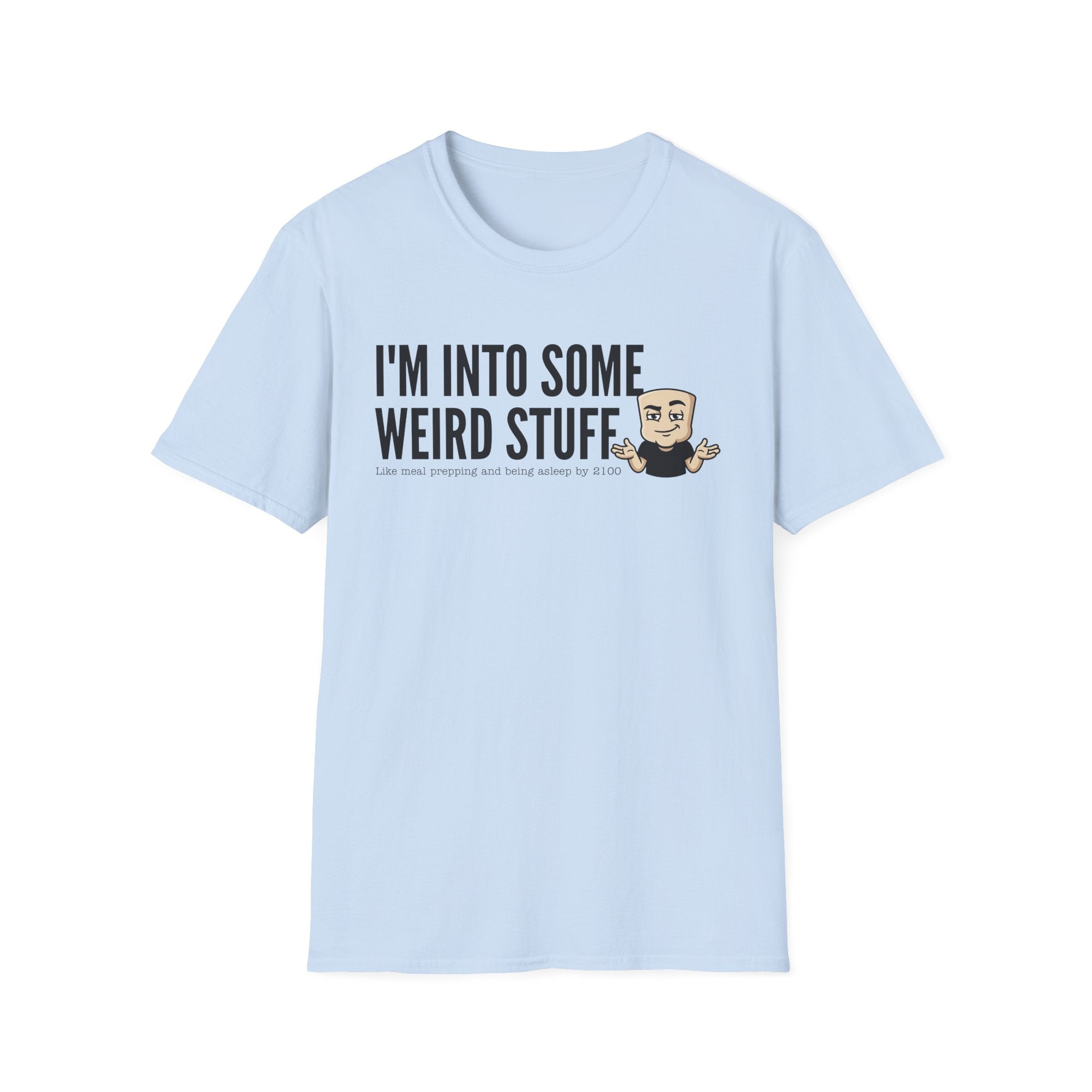 Light blue T-shirt with weird stuff slogan and character graphic