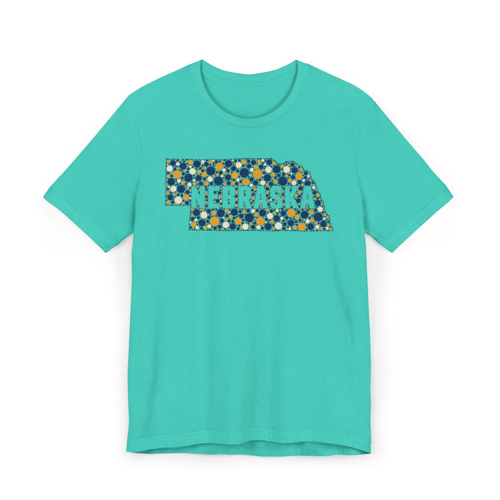 Teal tee with floral Nebraska outline graphic and NEBRASKA text