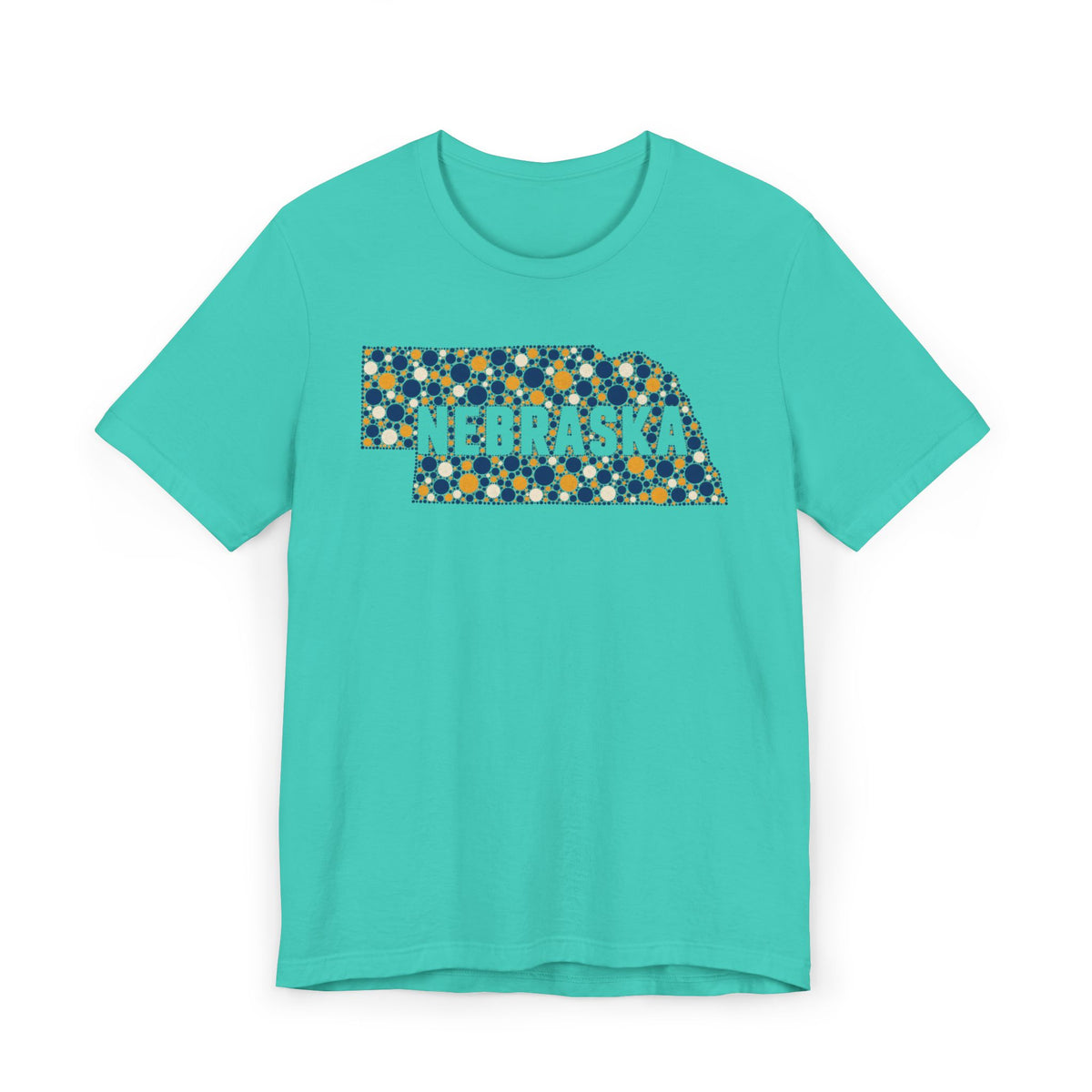 Teal tee with floral Nebraska outline graphic and NEBRASKA text