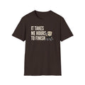 Brown T-shirt with "IT TAKES ME HOURS TO FINISH" jigsaw graphic