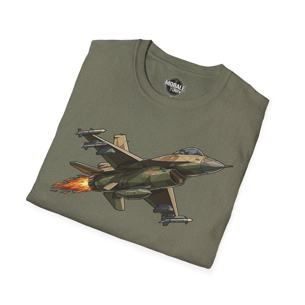 Heather military green fighter jet T-shirt with camouflage aircraft graphic and orange flame accents