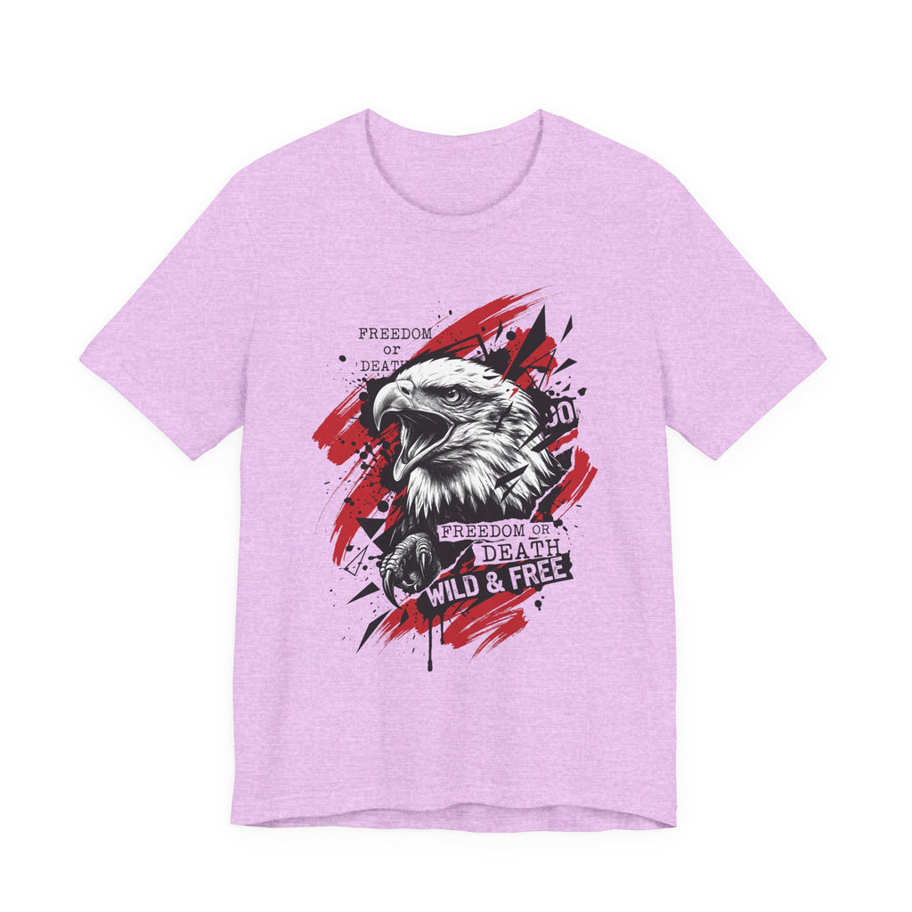 Lilac crewneck T-shirt with bald eagle graphic in red and black