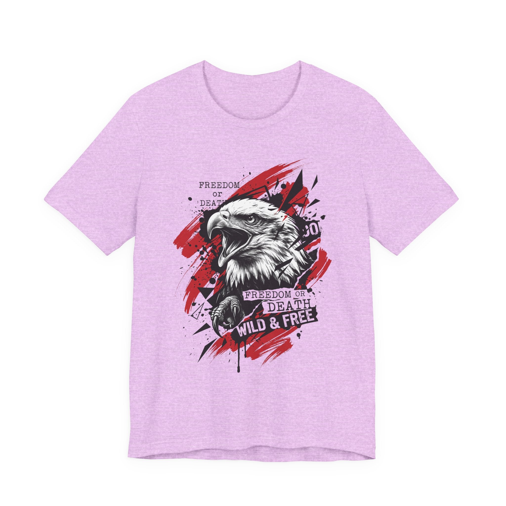 Lilac crewneck T-shirt with bald eagle graphic in red and black