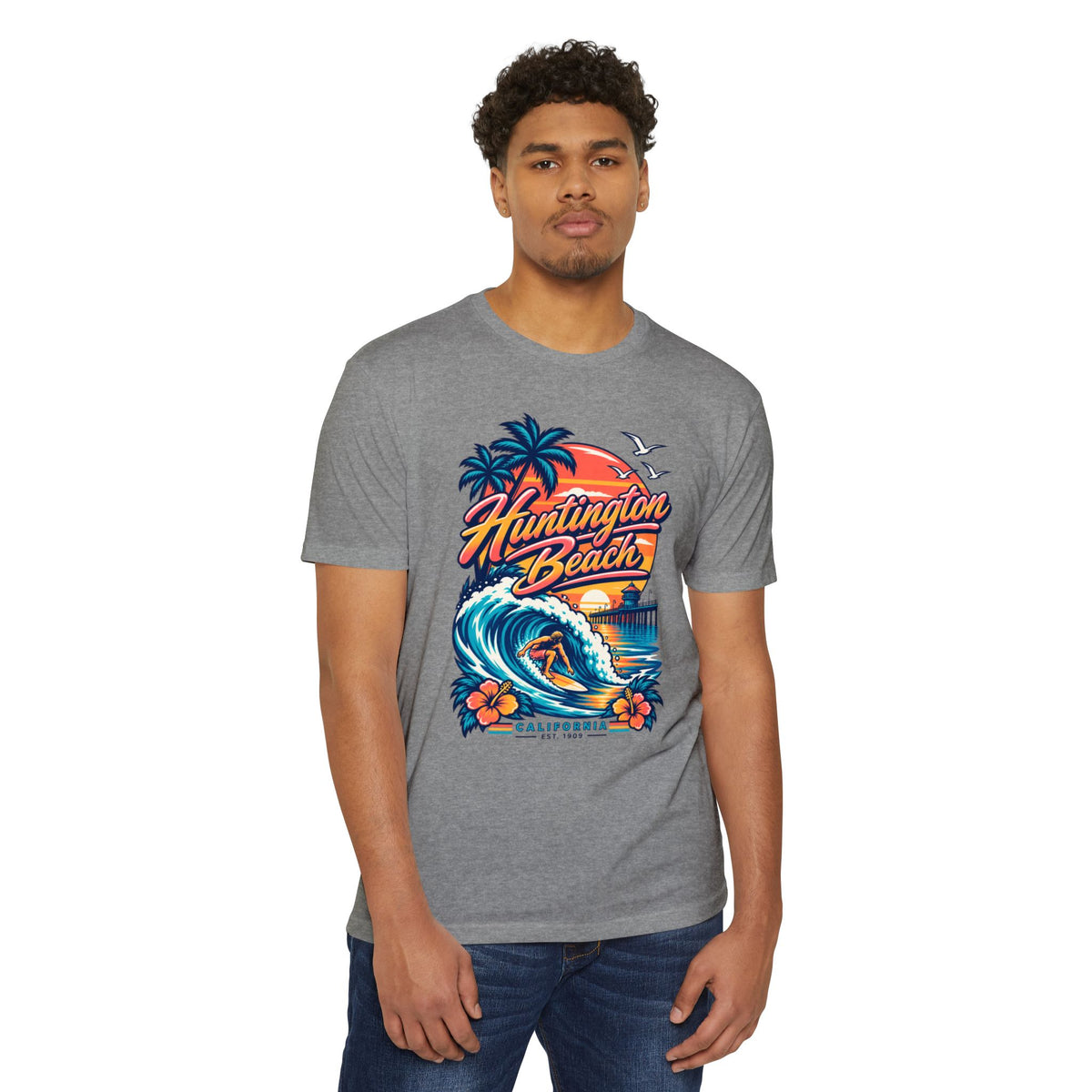 Heather gray crew-neck T-shirt with wave, palm trees and pier graphic