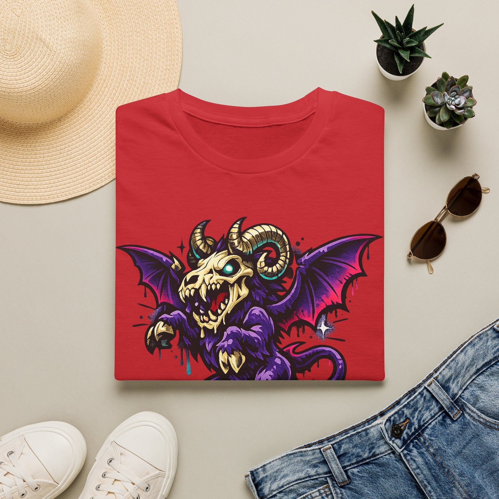 Red gothic monster t-shirt with purple bat-winged ram skull graphic on the chest