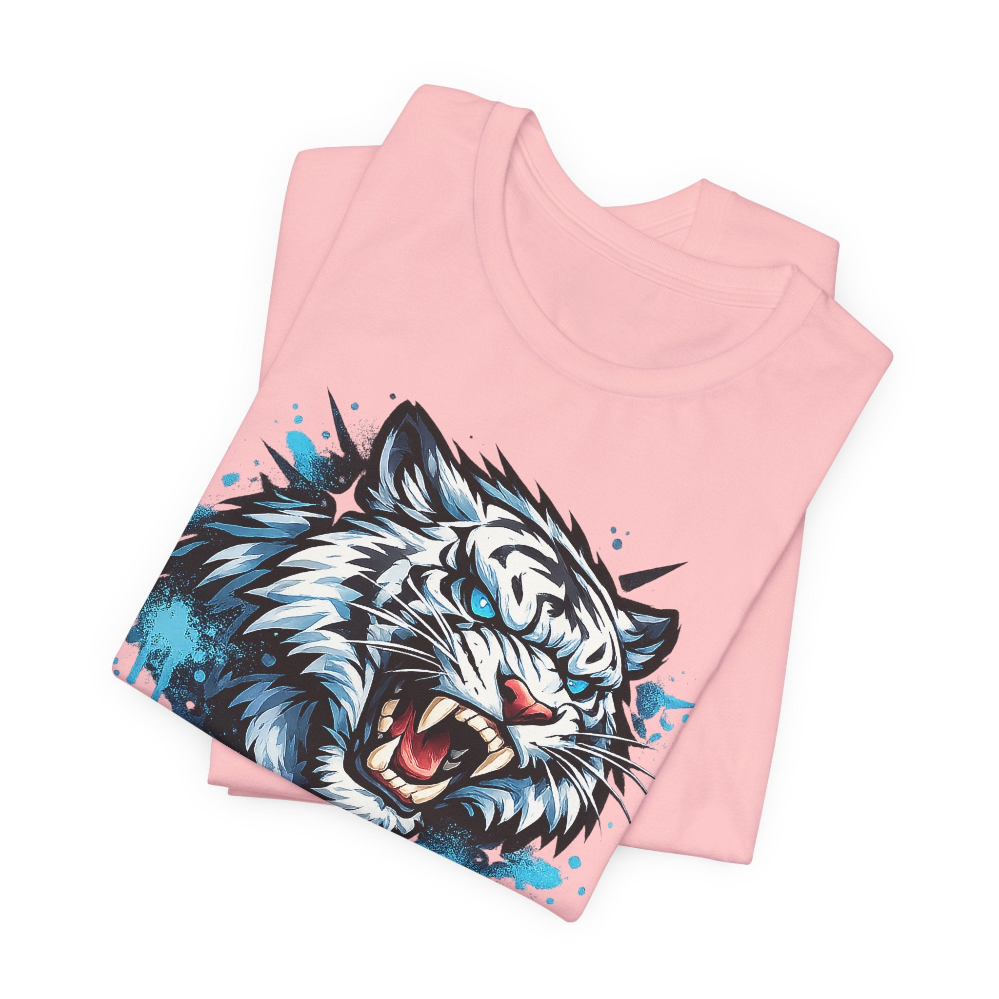 Pink unisex T-shirt with roaring tiger head graphic and blue drip paint