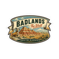 Badlands wall sticker oval design with desert scene and ram, white kiss-cut backing
