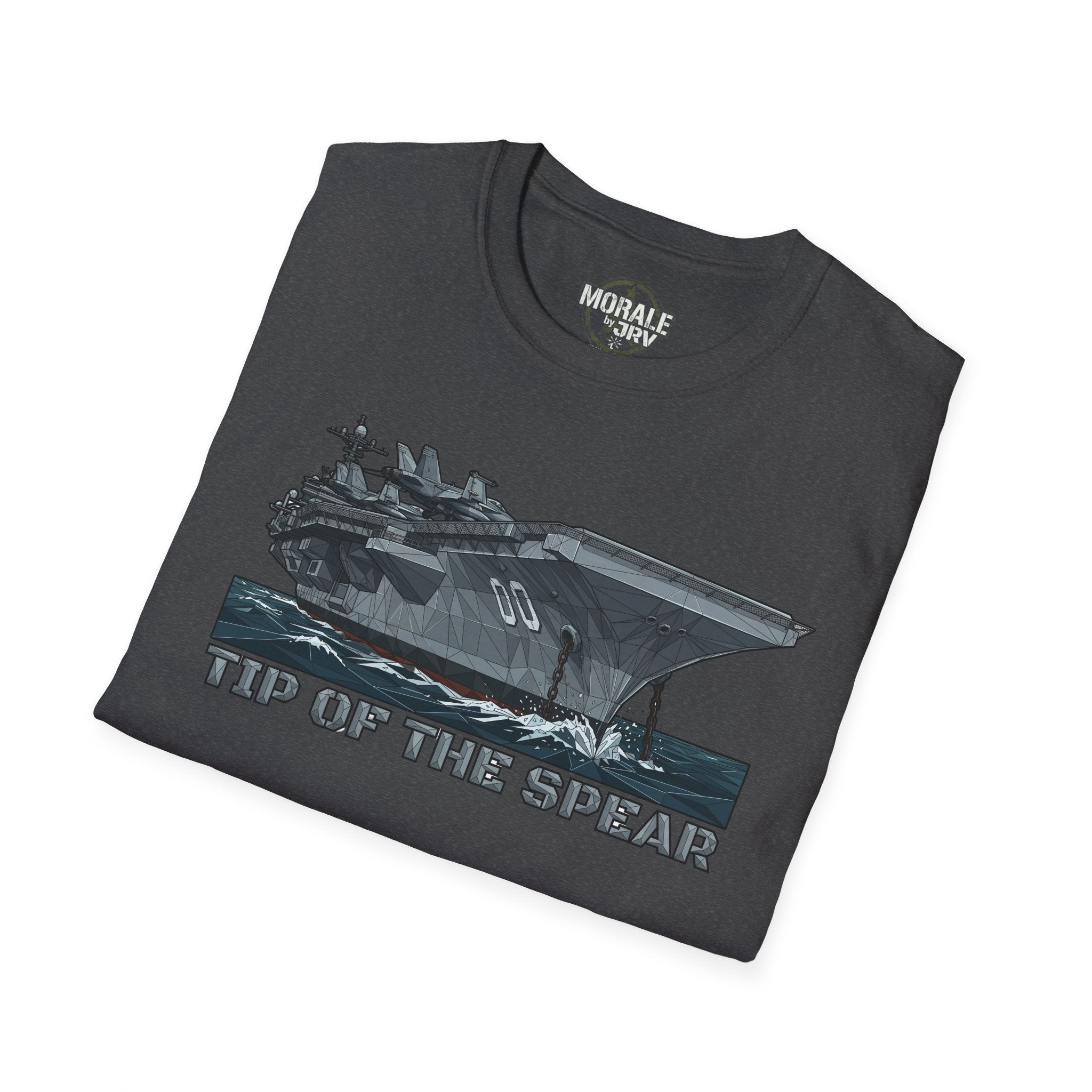 Dark Heather T-shirt with aircraft carrier graphic and “TIP OF THE SPEAR” text