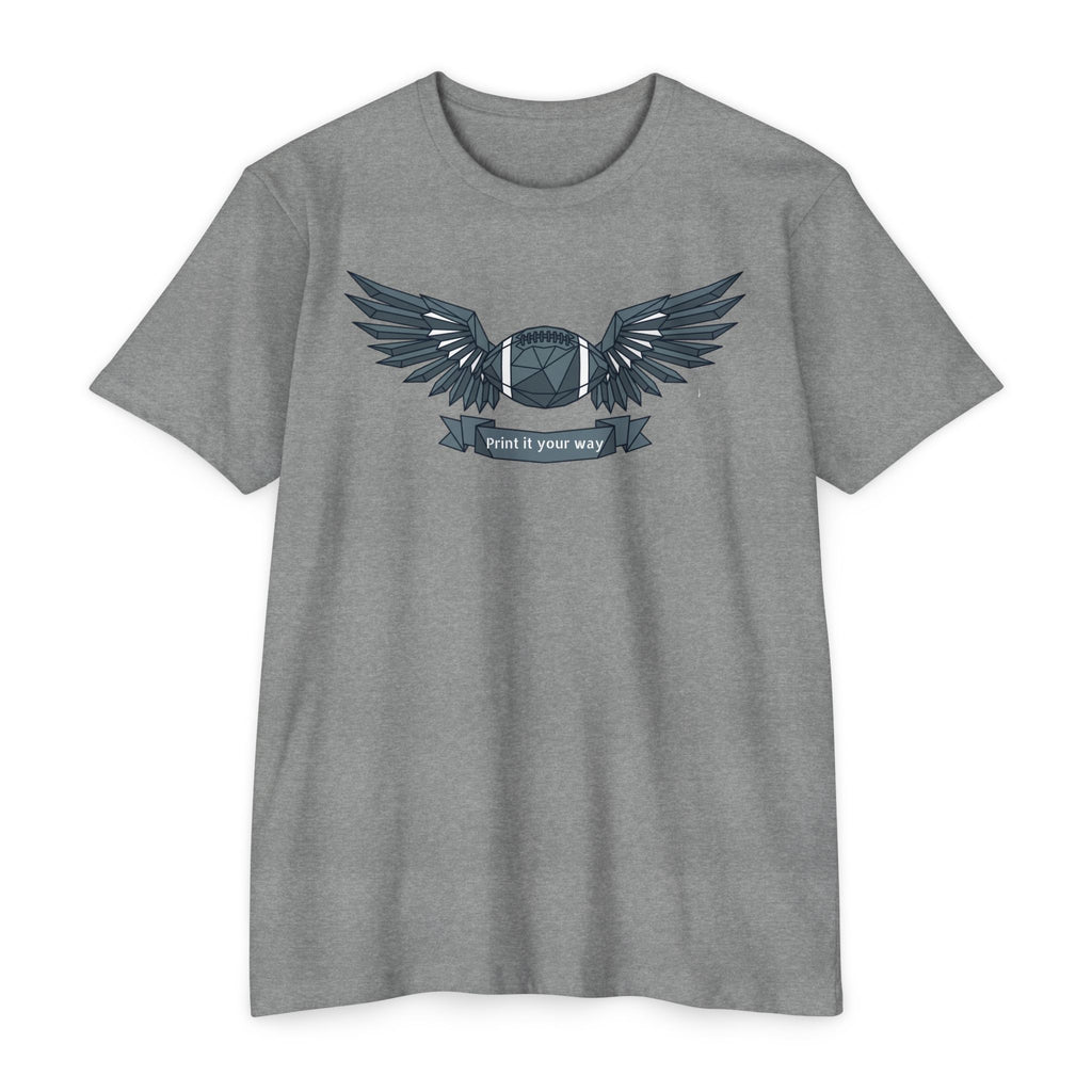 Gray crewneck T-shirt with winged camera emblem graphic on the chest