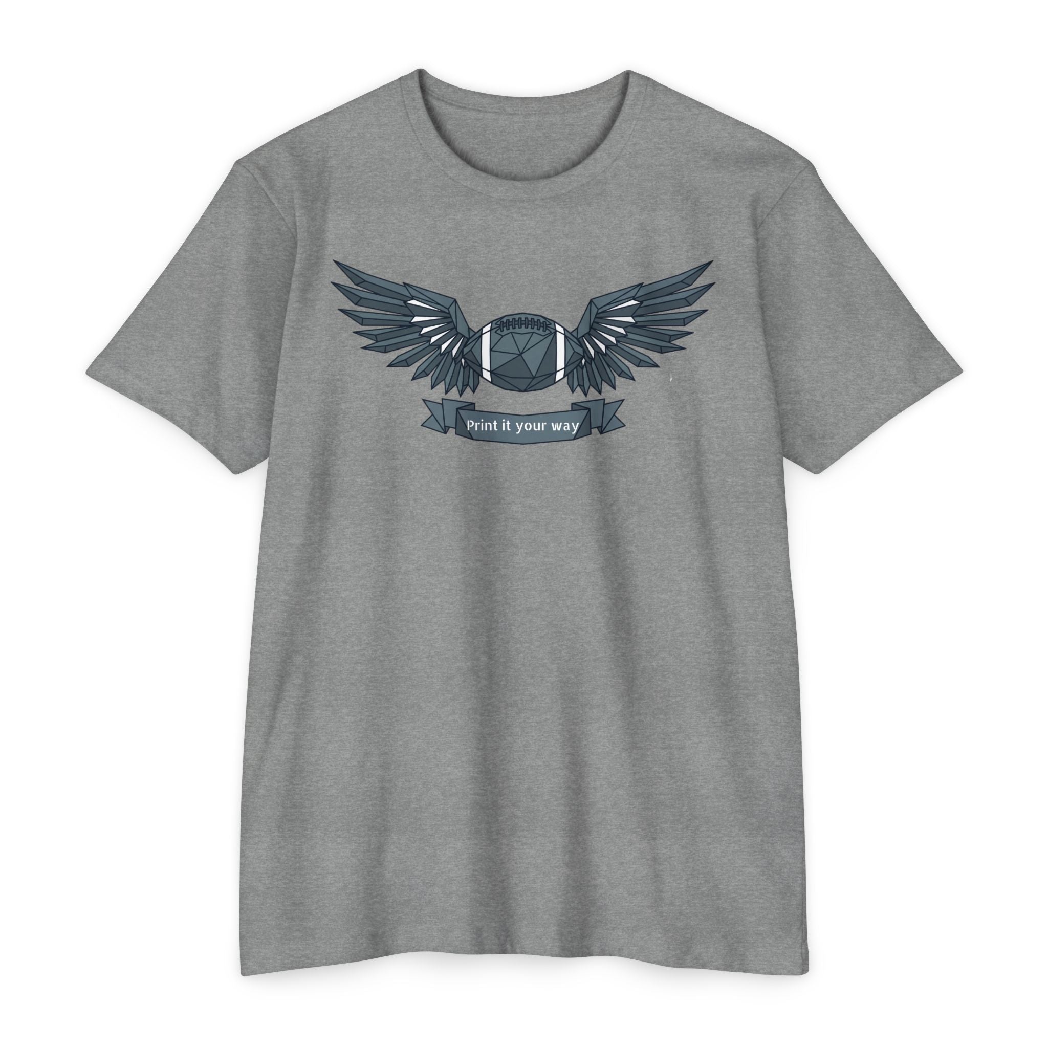 Gray crewneck T-shirt with winged camera emblem graphic on the chest