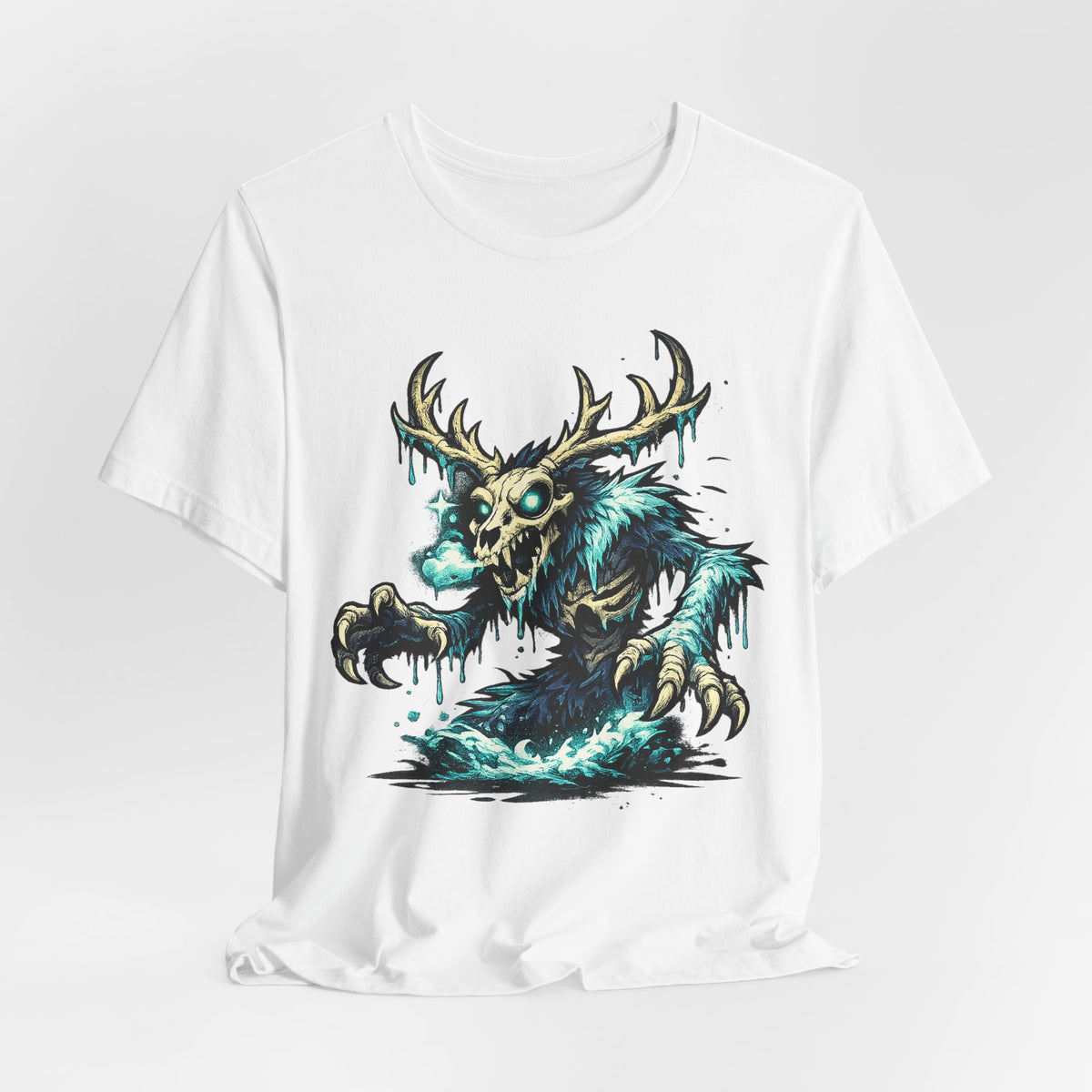 White crew-neck monster T-shirt with teal deer skull creature artwork on front.