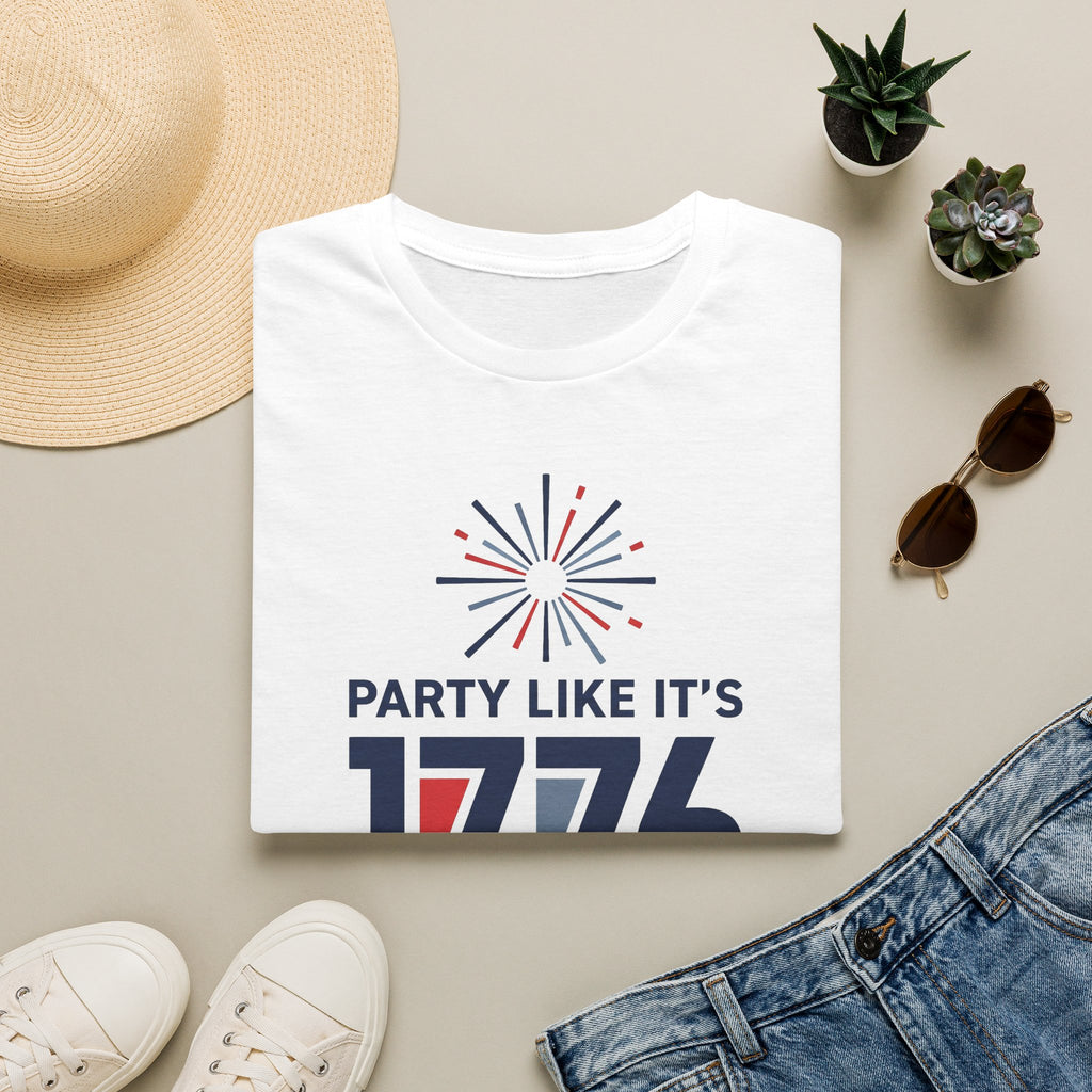 White T-shirt with fireworks graphic and text “PARTY LIKE IT’S 1776”