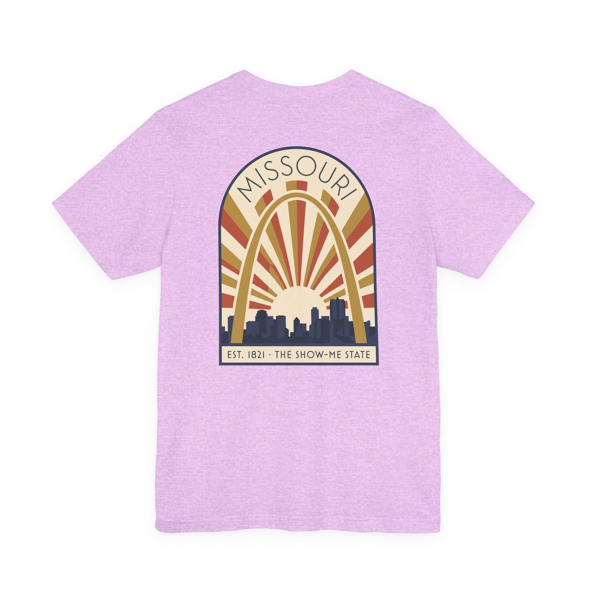 Lavender T-shirt with large Missouri arch sunrise graphic centered on the chest