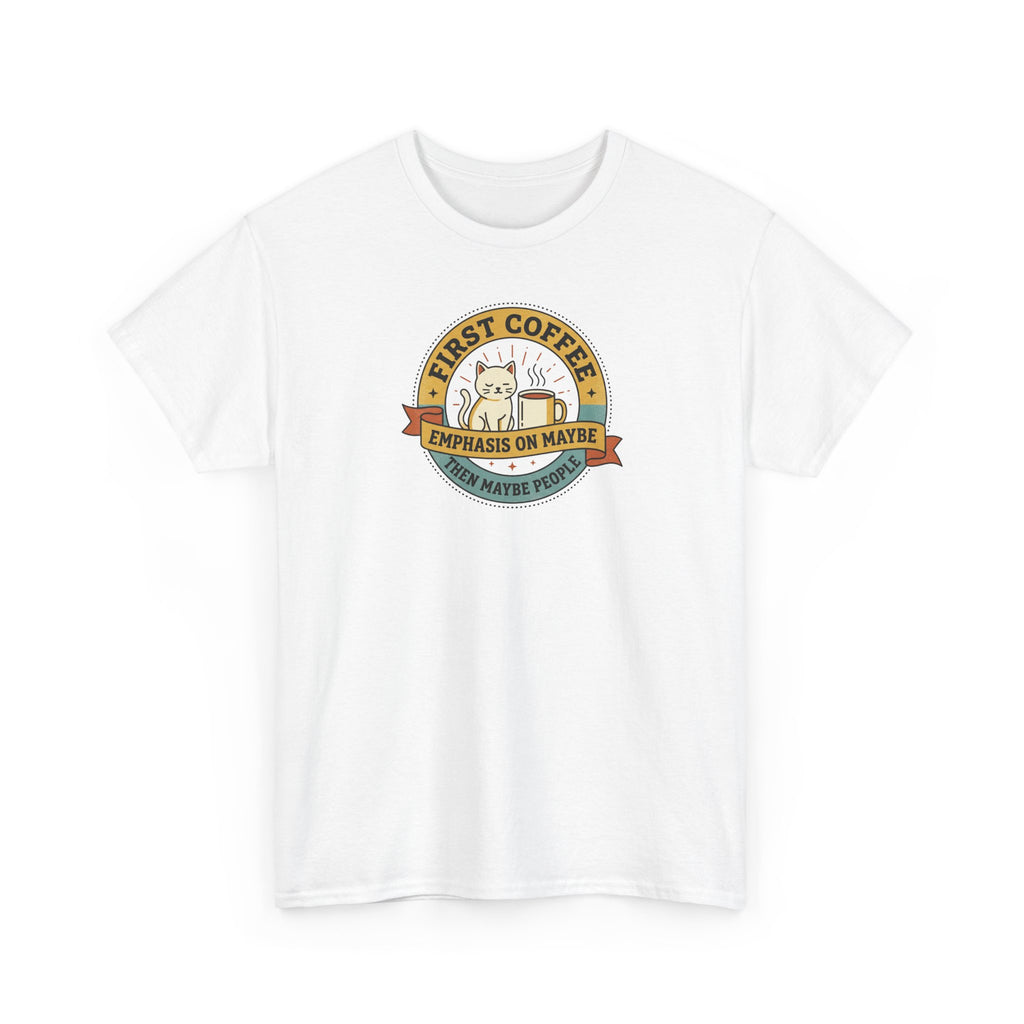 White T-shirt with round coffee motto graphic on front, short sleeves, crew neck.