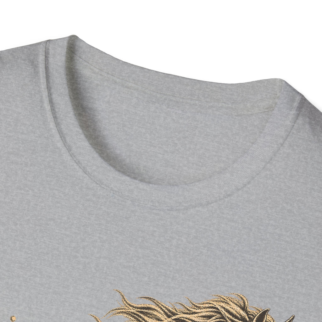Light gray T-shirt close-up of crew neckline with small gold running horse detail.