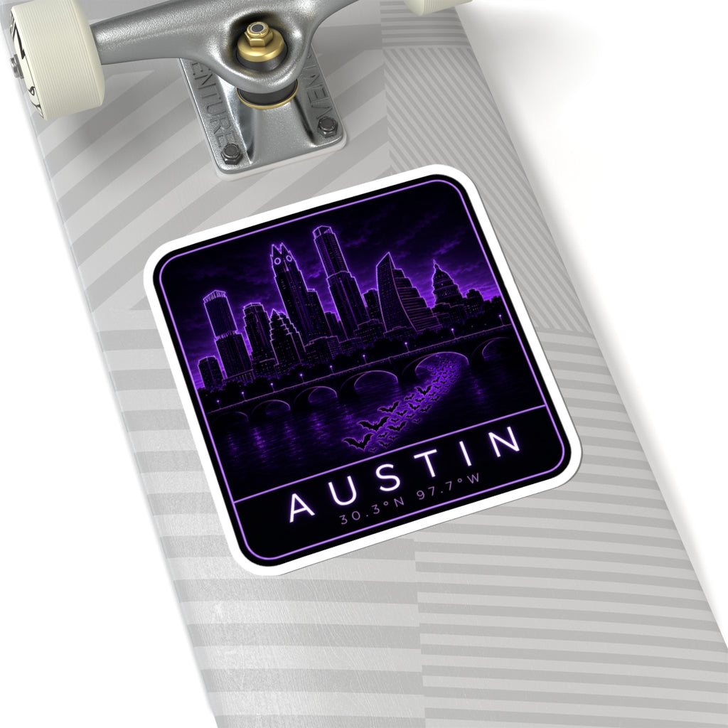 Neon Austin skyline sticker on skateboard; purple “AUSTIN” lettering and 30.30N 97.70W