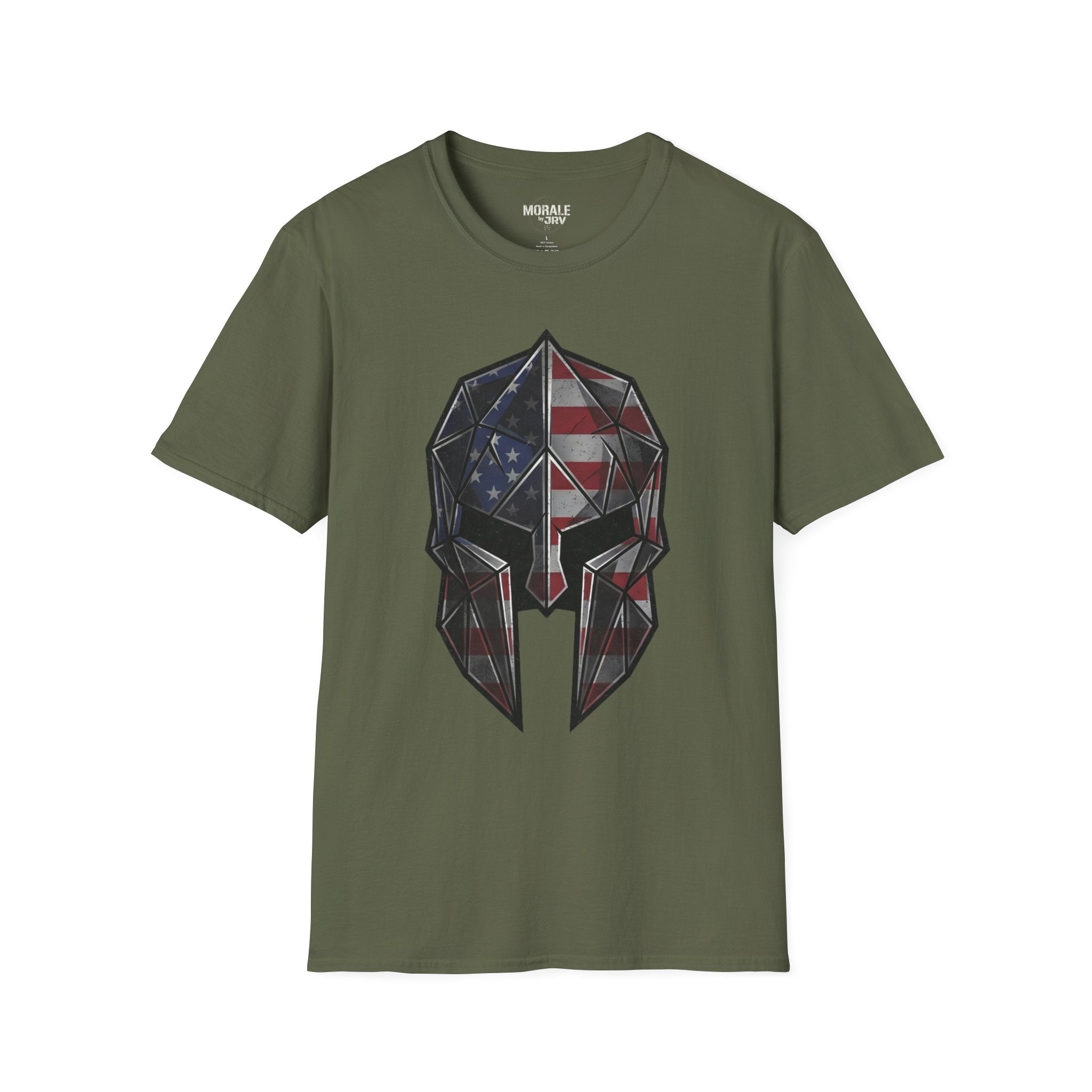 American Flag Spartan Helmet T-Shirt, military green with geometric patriotic eagle skull design
